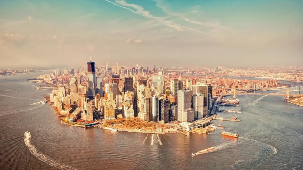 Golden Aerial View of Lower Manhattan Skyline and One World Trade Center wallpaper