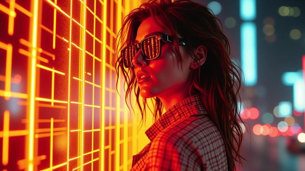 Neon Night Reflections Girl in Sunglasses Amid City Glow wallpaper