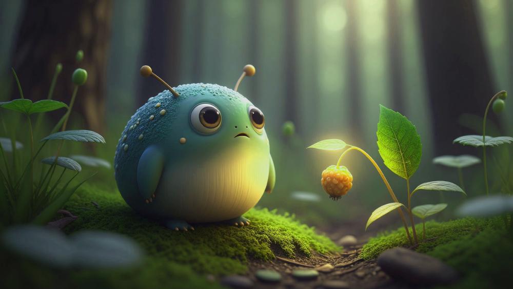 Whimsical Forest Sproutling Meeting a Glowing Berry Lantern wallpaper