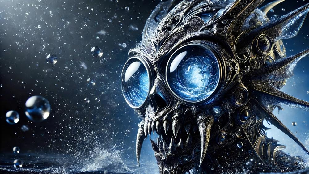 Clockwork Abyssal Alien With Ice Blue Eyes and Razor Fangs wallpaper