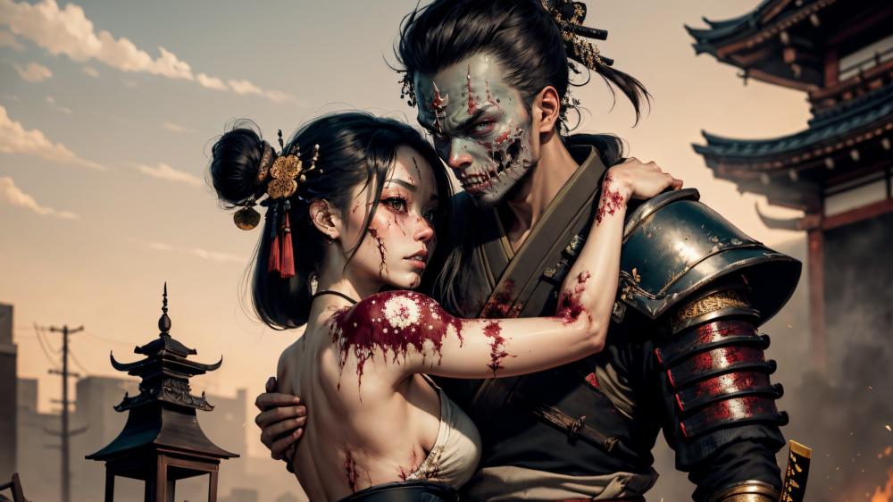 Demonic Samurai Embrace with Haunted Geisha at Twilight Shrine wallpaper