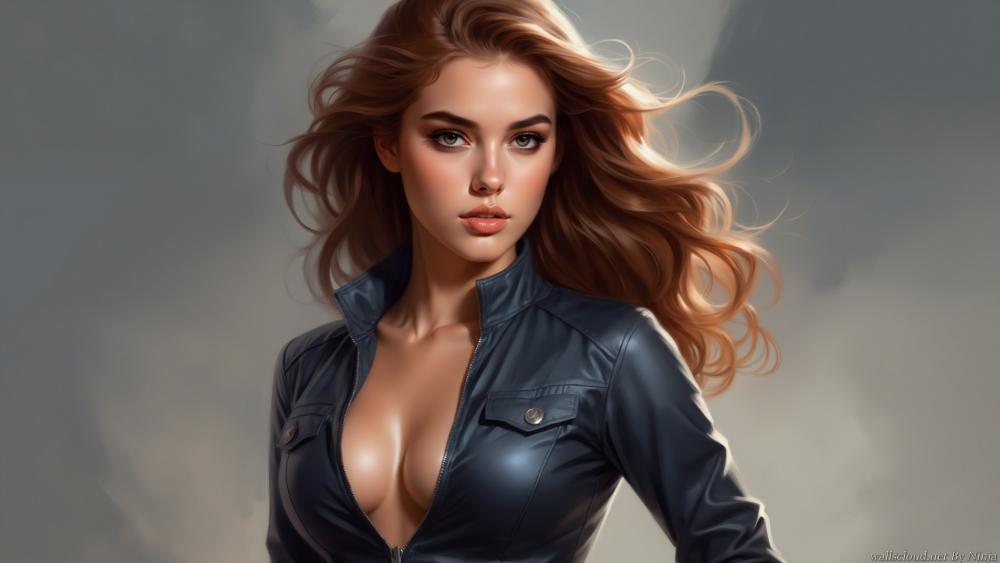Stormlit Enchantress Portrait with Flowing Long Hair and Leather Style wallpaper