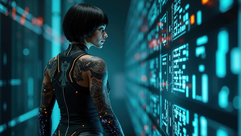 Neon Data Corridor Guardian Cyberpunk Girl in Futuristic City Glow wallpaper