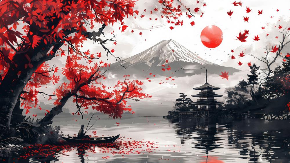 Crimson Maple Dreams Over Mount Fuji and Silent Pagoda Lake wallpaper