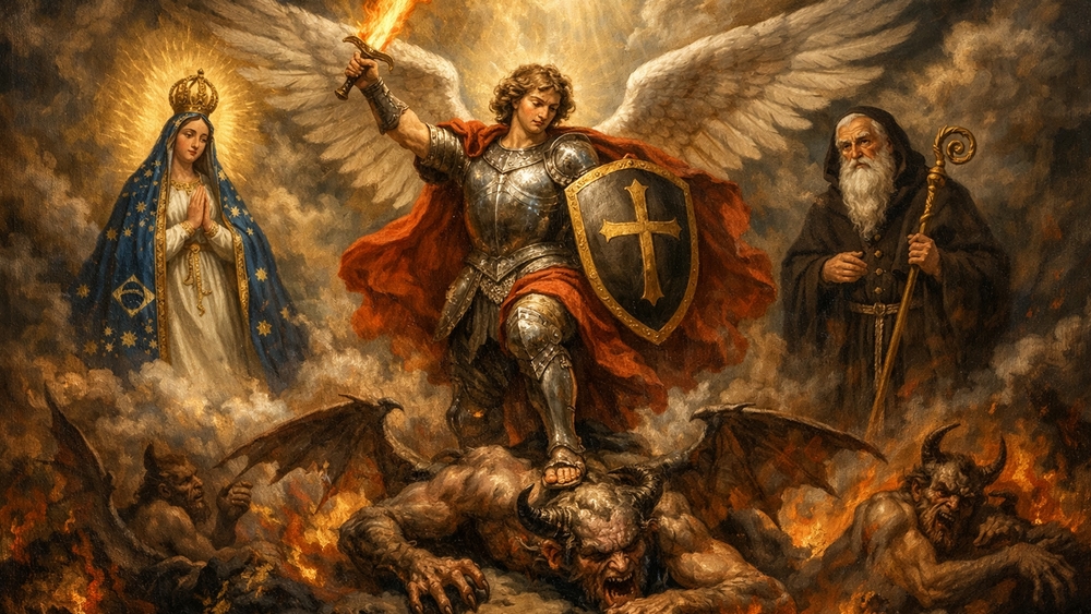 Archangel Michael Triumphs Over Darkness in Celestial Battle wallpaper