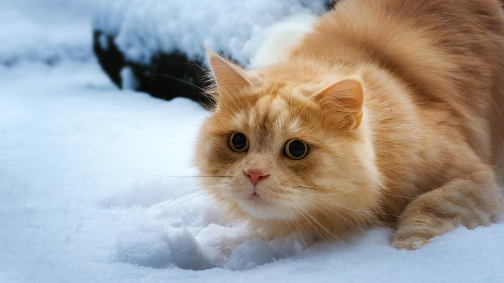 Fluffy Ginger Cat Crouching in Fresh Winter Snow wallpaper