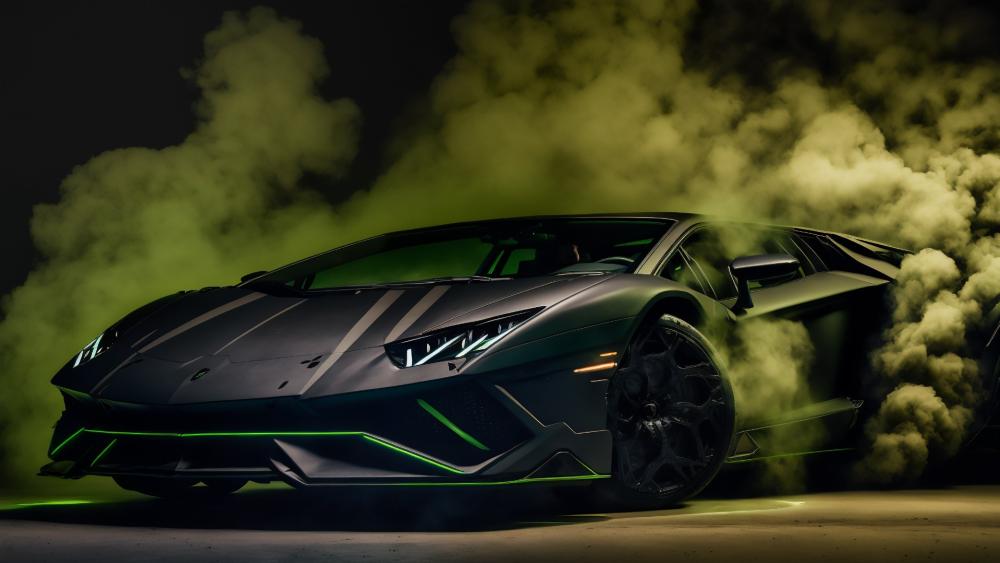 Lamborghini Aventador Emerging Through Neon Green Smoke wallpaper