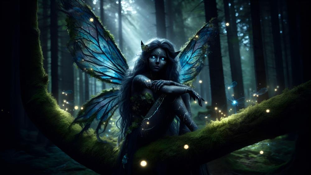 Moonlit Fairy Resting on Mossy Branch in Enchanted Forest wallpaper