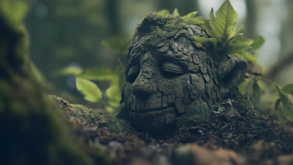 Slumbering Forest Guardian Carved from Stone and Moss wallpaper