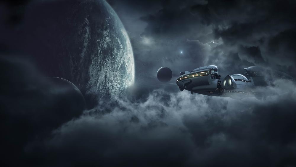 Monochrome Starship Drifting Through Storm Clouds of a Distant World wallpaper