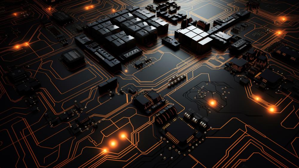 Neon Copper Pathways Across a Futuristic Processor Circuit Board wallpaper