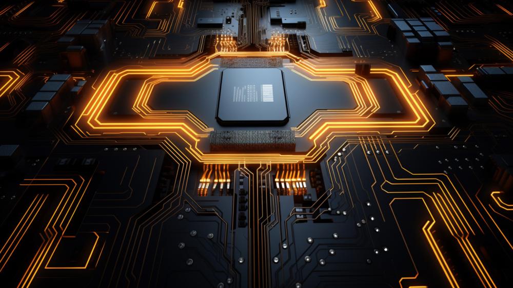 Neon Circuit Core AI Processor on Futuristic Motherboard wallpaper