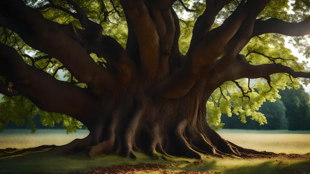 Majestic Ancient Oak Trunk Spreading Wide Under Summer Light wallpaper