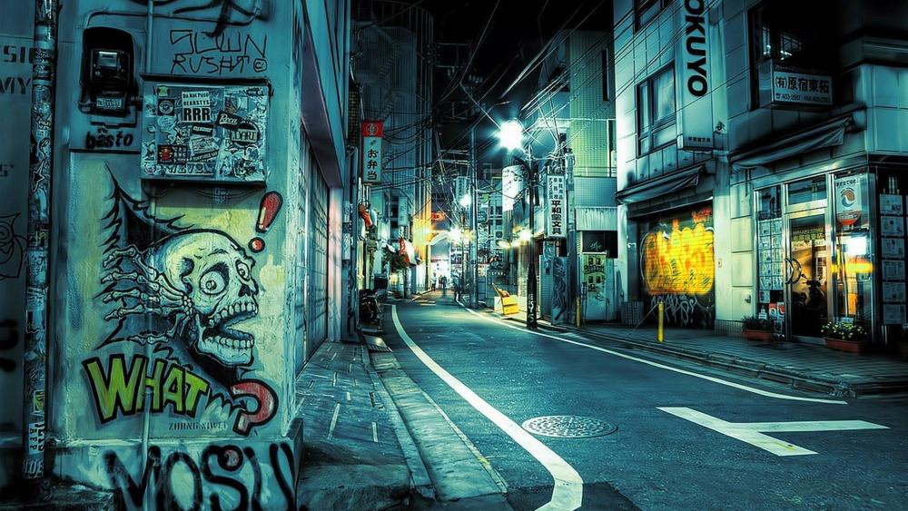 Neon Silence in a Graffiti Lined Tokyo Alley wallpaper