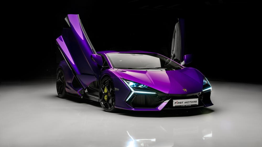 Purple Lamborghini Revuelto With Scissor Doors 8K Studio Wallpaper wallpaper