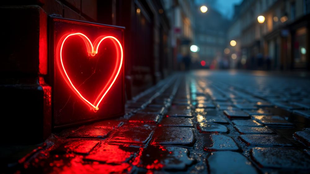 Neon Heart Glow on Rainy Cobblestone Street at Dusk wallpaper