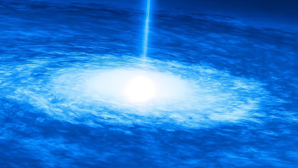 Azure Quasar Beam Over a Spiraling Cosmic Sea wallpaper