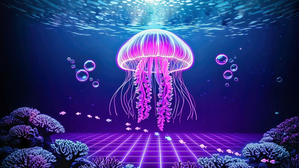 Neon Lake Jellyfish Drift Across a Purple Grid Abyss wallpaper