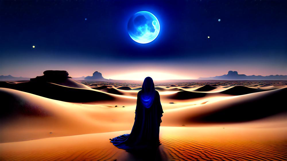 Cloaked Wanderer Beneath a Blue Moon in an Alien Desert wallpaper