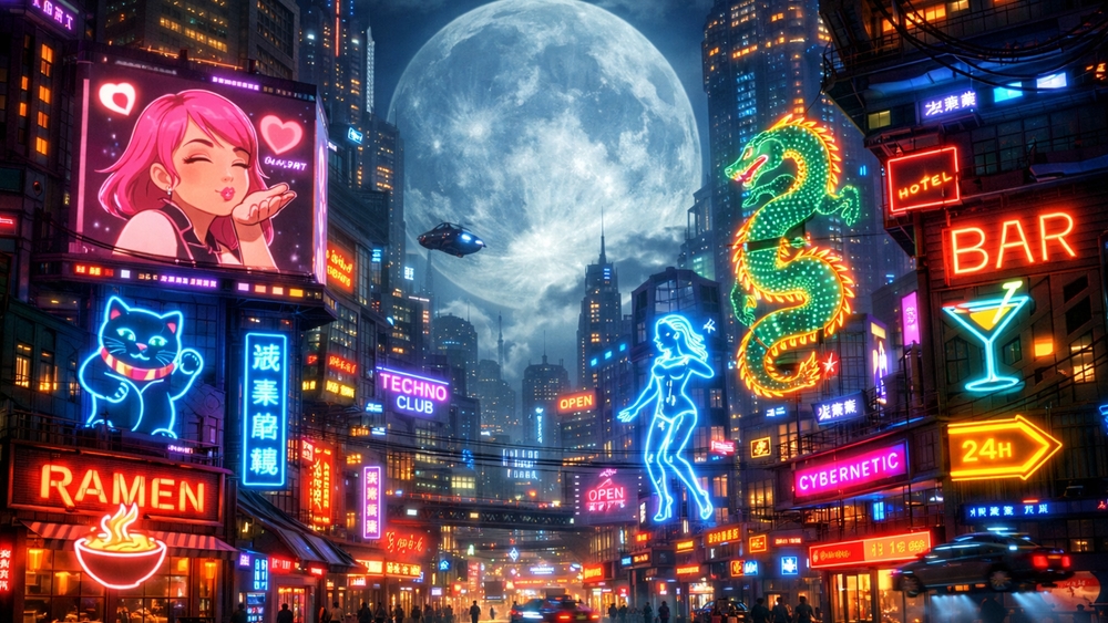 Neon Moonrise Over the Cyberpunk Metropolis Streets wallpaper