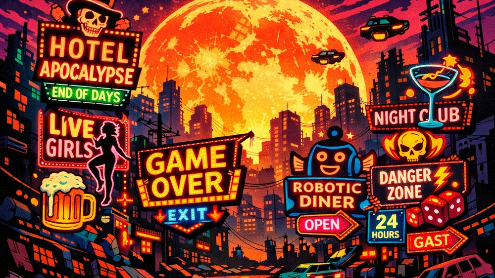 Neon Game Over Skyline Under a Blood Moon Cyberpunk Fantasy wallpaper