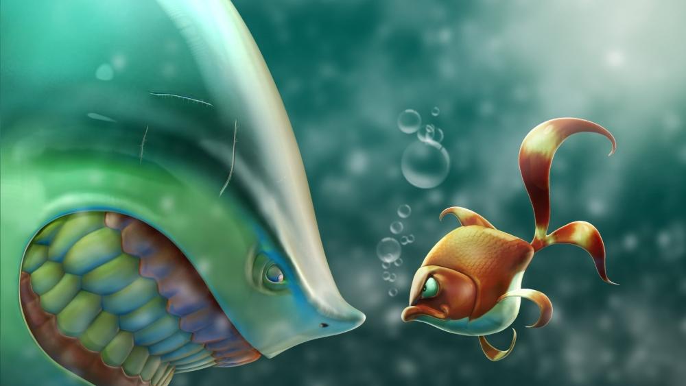 Tiny Goldfish Stares Down a Giant Shark in Cartoon Seas wallpaper