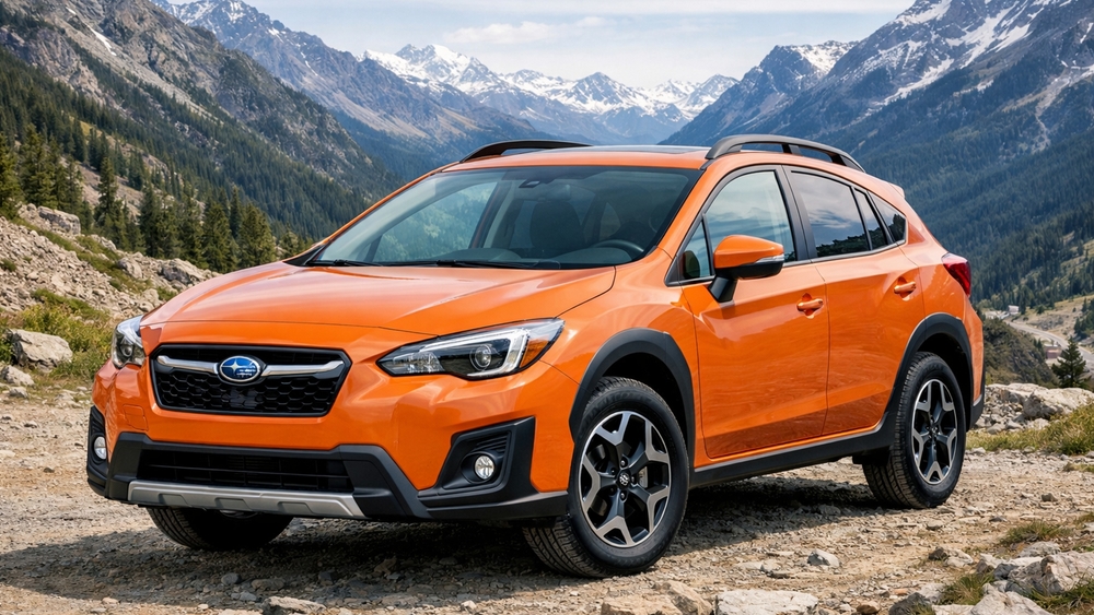 Orange Subaru X SUV Adventure in Alpine Mountain Valley wallpaper