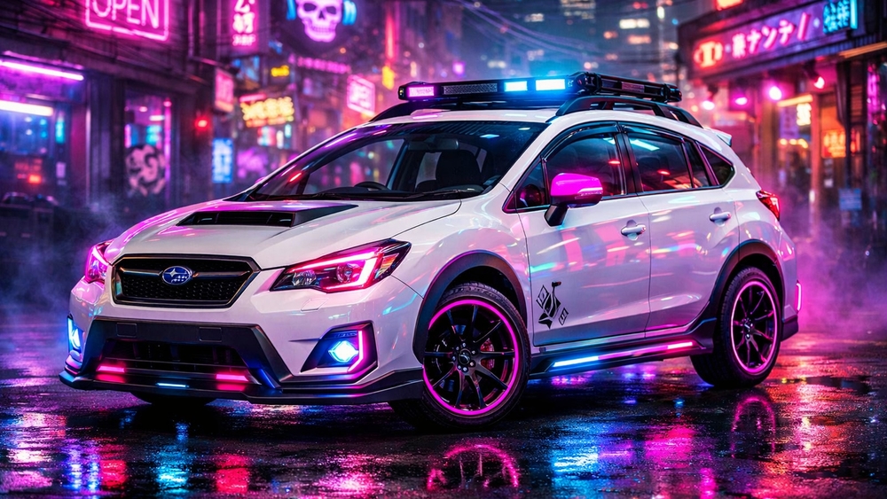 Neon Night Subaru SUV Glowing Through Rainy Cyber City Streets wallpaper