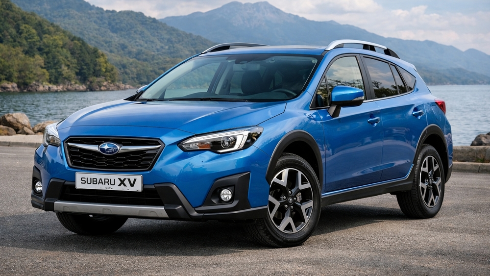 Blue Subaru XV SUV by the Lakeside Mountain Highway wallpaper