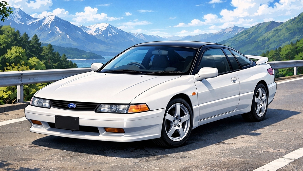 White Subaru SV Anime Style Cruise Through Alpine Lakeside Pass wallpaper