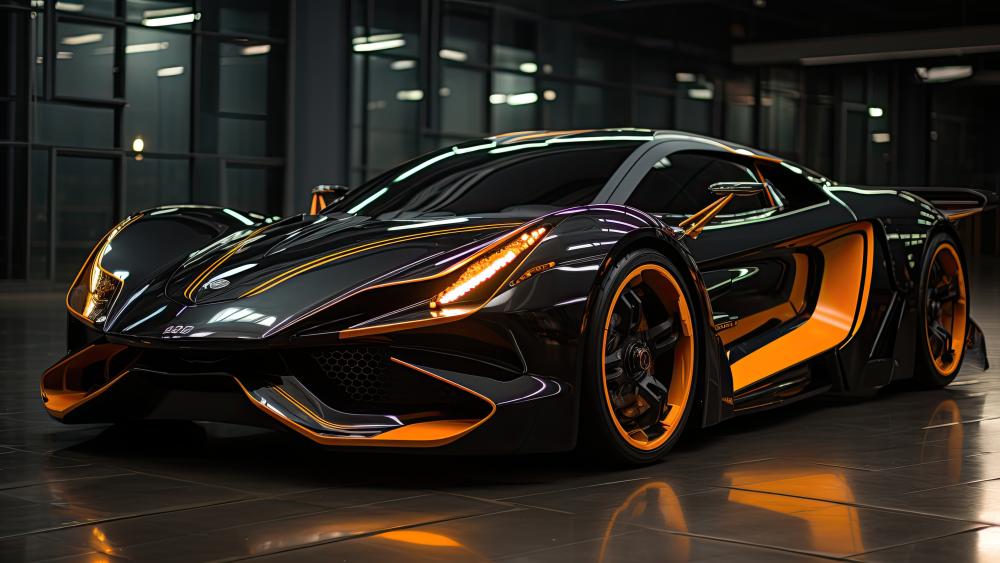 Midnight Black and Orange Supercar in Neon Garage Glow wallpaper