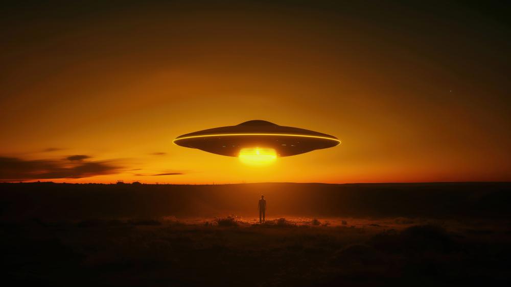 Silent Sunset Encounter Beneath the Hovering UFO wallpaper