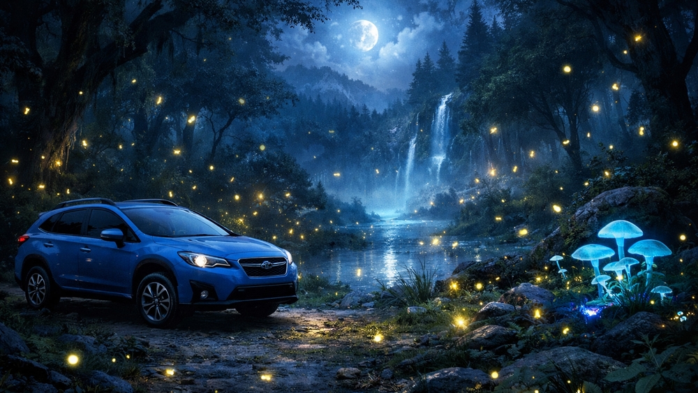 Subaru XV Moonlit Quest Through Enchanted Forest Waters wallpaper