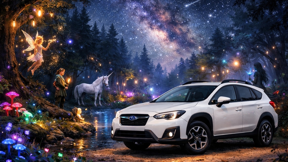 Subaru XV Under Starlit Enchantment with Unicorns and Forest Magic wallpaper