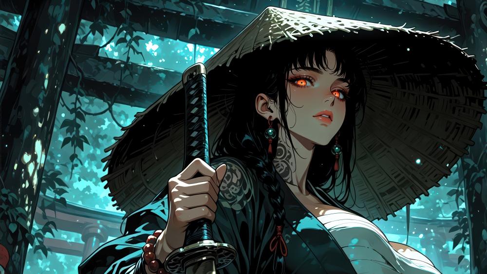 Crimson Eyed Kunoichi Under a Straw Hat in Moonlit Rain wallpaper