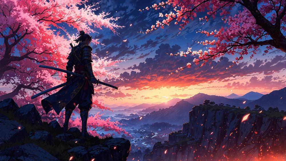 Samurai Under Sakura Skies at Sunset in Anime Spring wallpaper