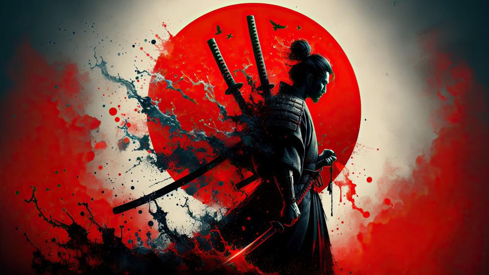 Shadowed Bushido Samurai Against Crimson Sun in Japanese Ink Splash Art wallpaper