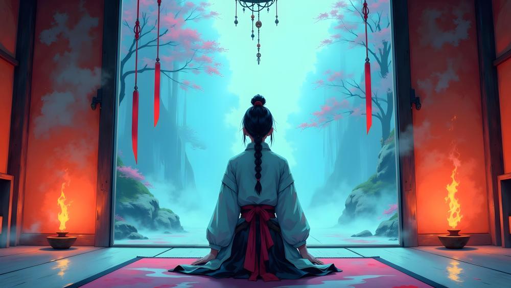 Silent Shrine Meditation in Misty Sakura Valley Anime Wallpaper wallpaper