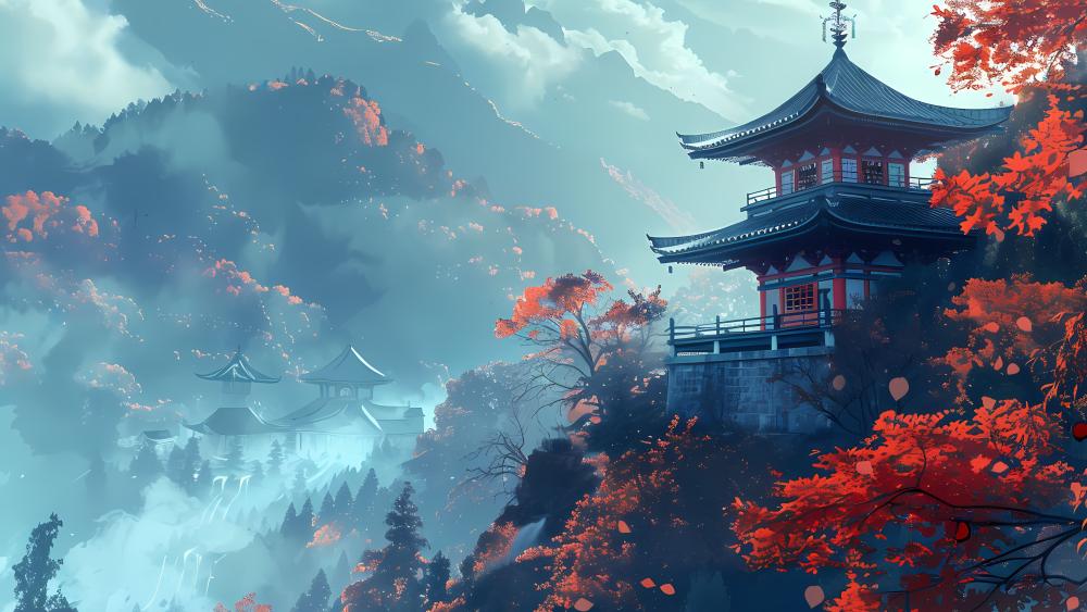 Misty Mountain Pagoda in Autumn Anime Landscape wallpaper