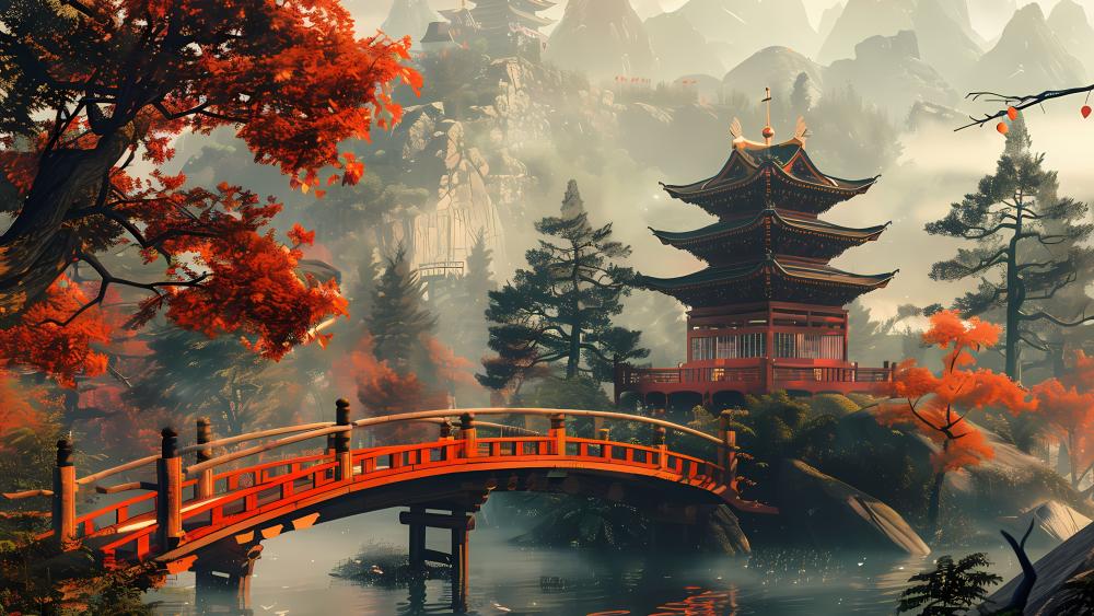 Misty Shrine Pagoda Beyond the Crimson Bridge in Autumn wallpaper