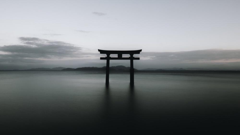 Silent Horizon at Itsukushima Floating Torii Gate in Monochrome wallpaper