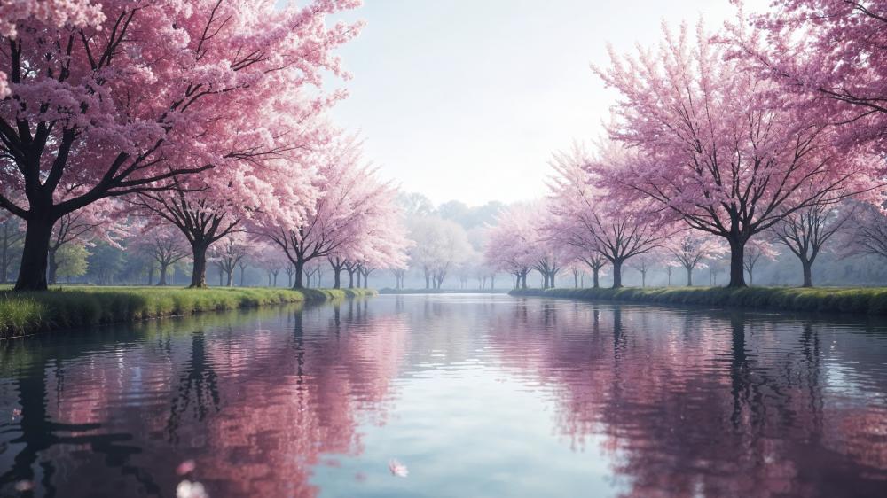 Serene Sakura River Reflection in a Dreamy Oriental Spring Landscape wallpaper