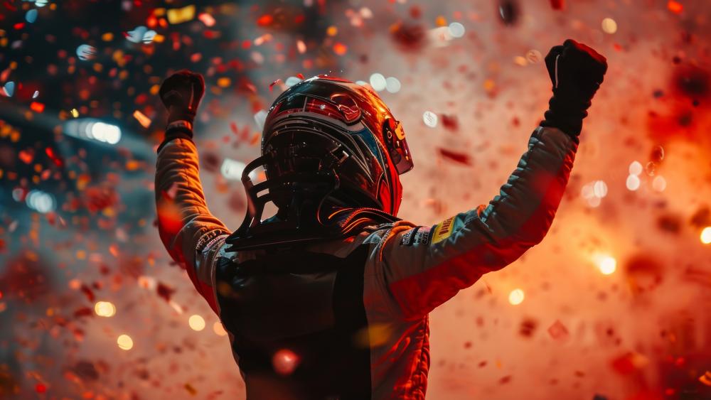 Victory Blaze Helmeted Racer Celebration in Confetti Storm wallpaper