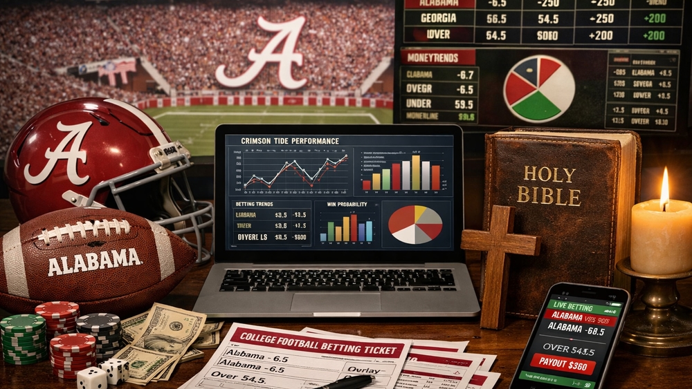 AI Football Analytics on Laptop with Alabama Game Day Betting Scene wallpaper