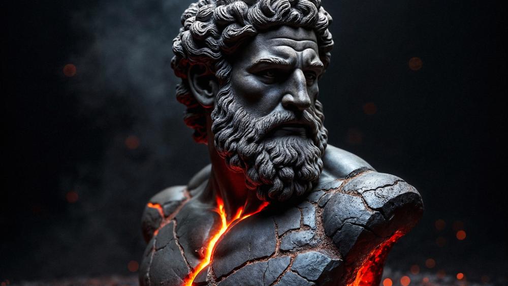 Volcanic Zeus Sculpture Awakening in Mythic Shadowed Flames 4K wallpaper