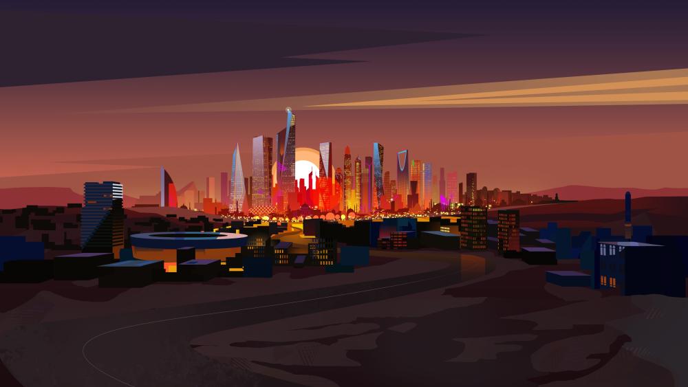 Geometric Sunset Metropolis in a Dreamlike Desert Horizon wallpaper