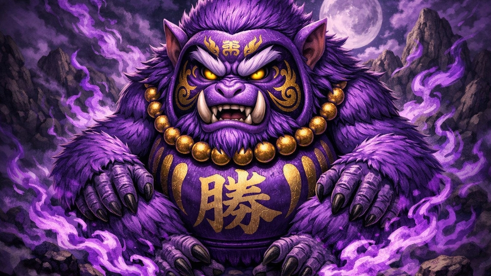 Moonlit Purple Oni Guardian with Golden Kanji Power wallpaper