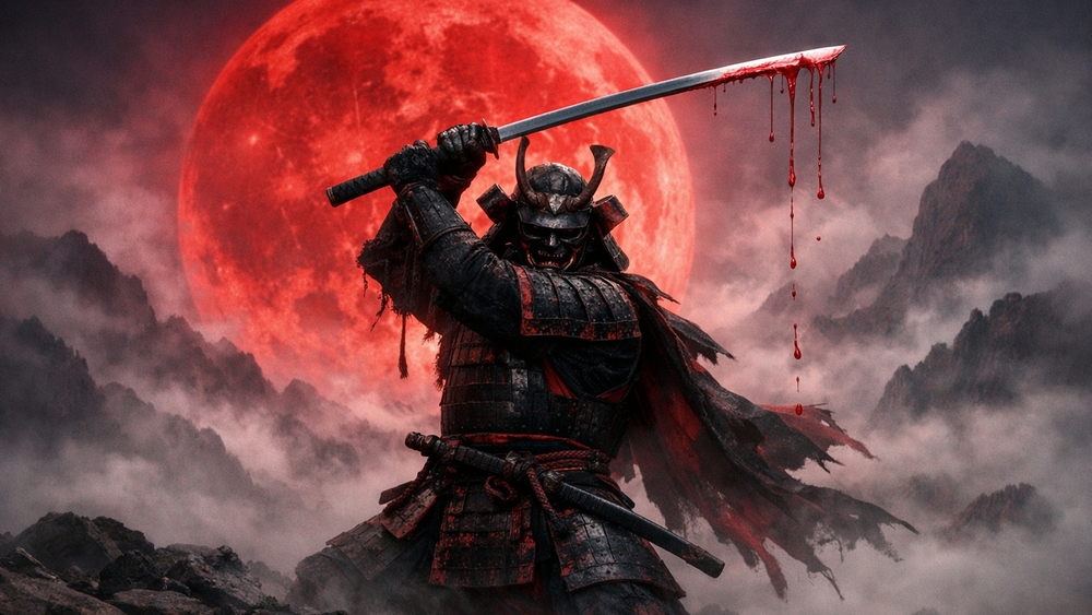 Samurai Warrior Under the Giant Blood Moon with a Dripping Katana wallpaper