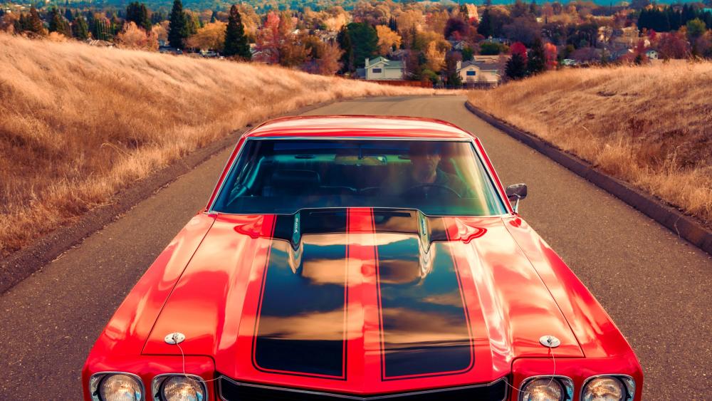 Crimson Chevrolet Chevelle SS On An Autumn Road In 4K wallpaper