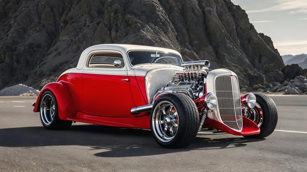 Crimson Vintage Hot Rod Coupe Under Mountain Skies wallpaper